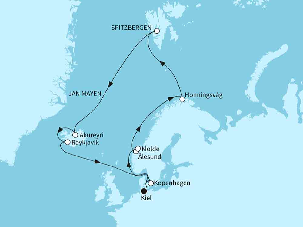 Mein Schiff 7 Oster Sale Nordland mit Nordkap & Reykjavik - Routenbild